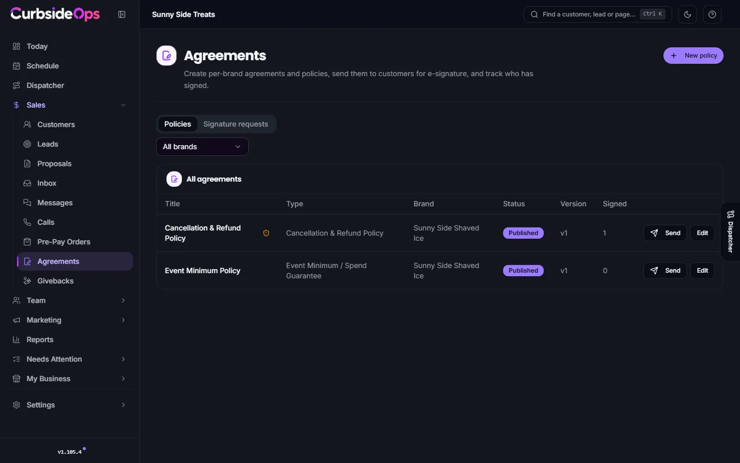The Agreements page listing a brand's policies with their type, status, version and how many have been signed