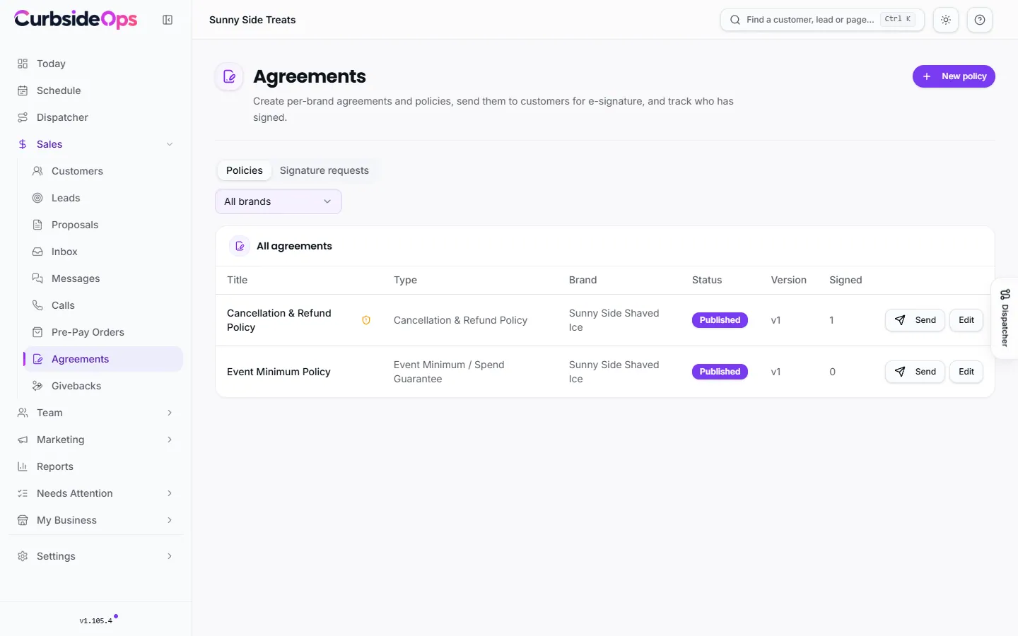 The Agreements page listing a brand's policies with their type, status, version and how many have been signed