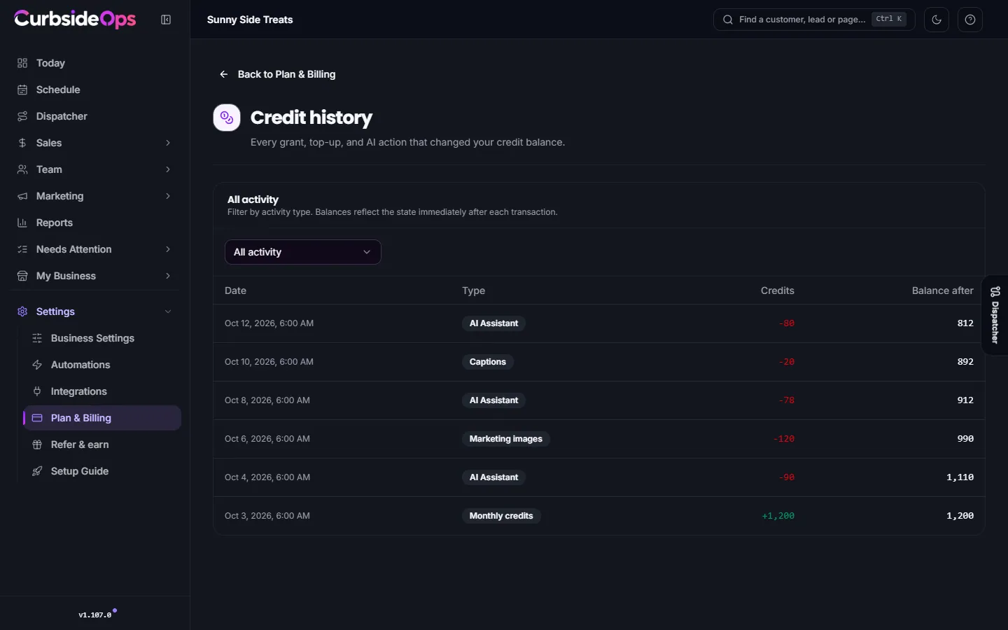 The Credit history page listing each credit change with its date, type, amount and balance after