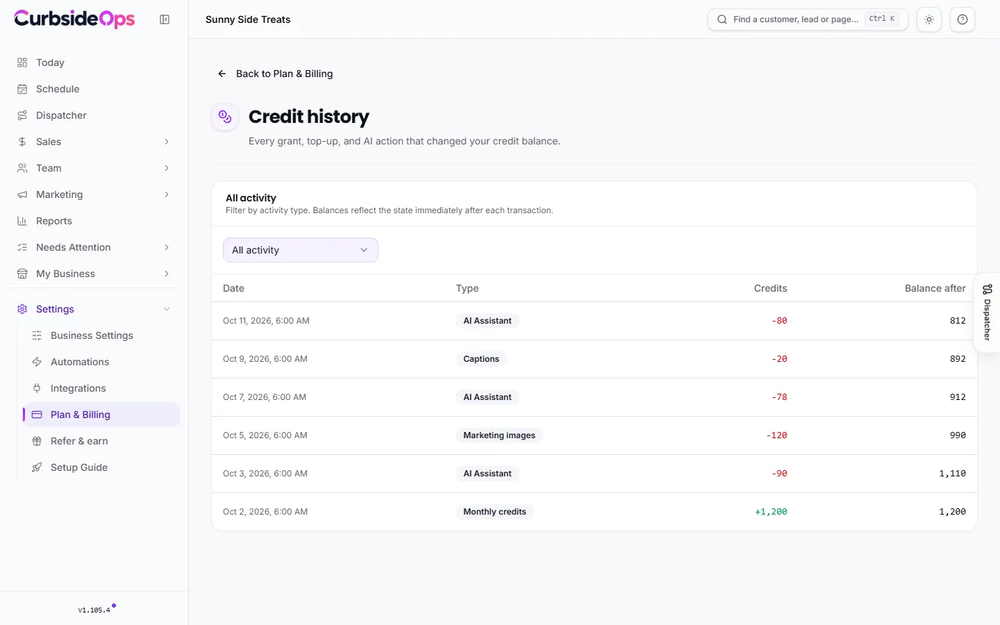 The Credit history page listing each credit change with its date, type, amount and balance after