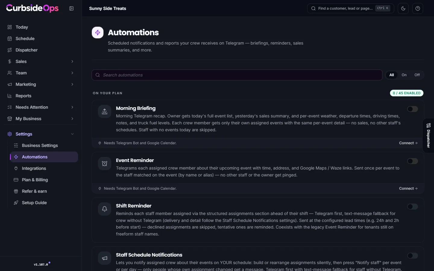 The Automations page with a card per automation, each with an on/off switch and its schedule settings