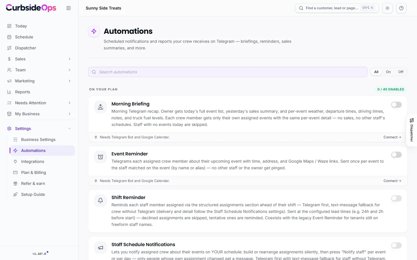 The Automations page with a card per automation, each with an on/off switch and its schedule settings