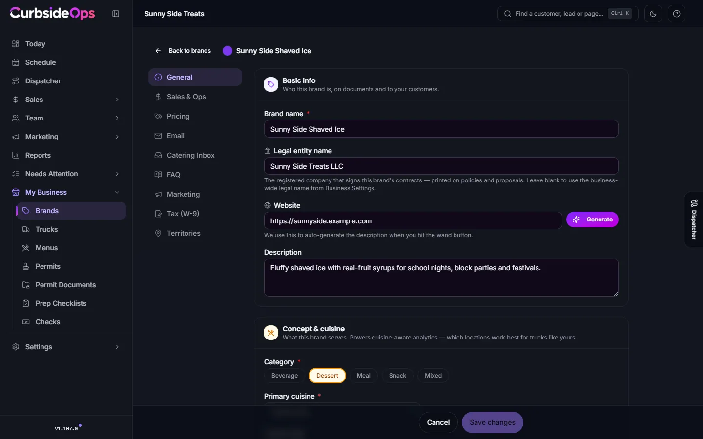 A brand's settings open on the General tab, with the tab list down the left side