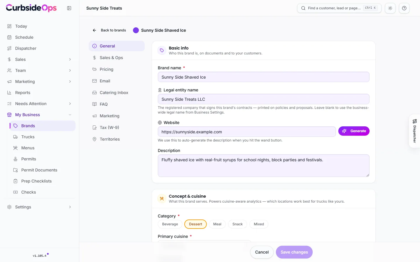 A brand's settings open on the General tab, with the tab list down the left side
