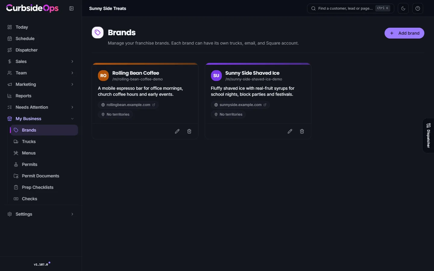 The Brands page showing a card for each brand with its color header, description and edit buttons