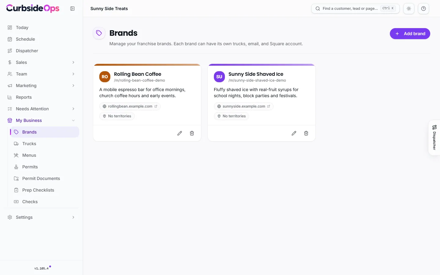 The Brands page showing a card for each brand with its color header, description and edit buttons