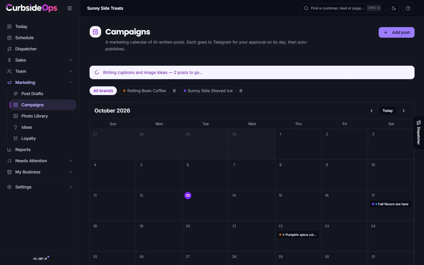 The Campaigns calendar showing a month of planned holiday and seasonal posts for each brand