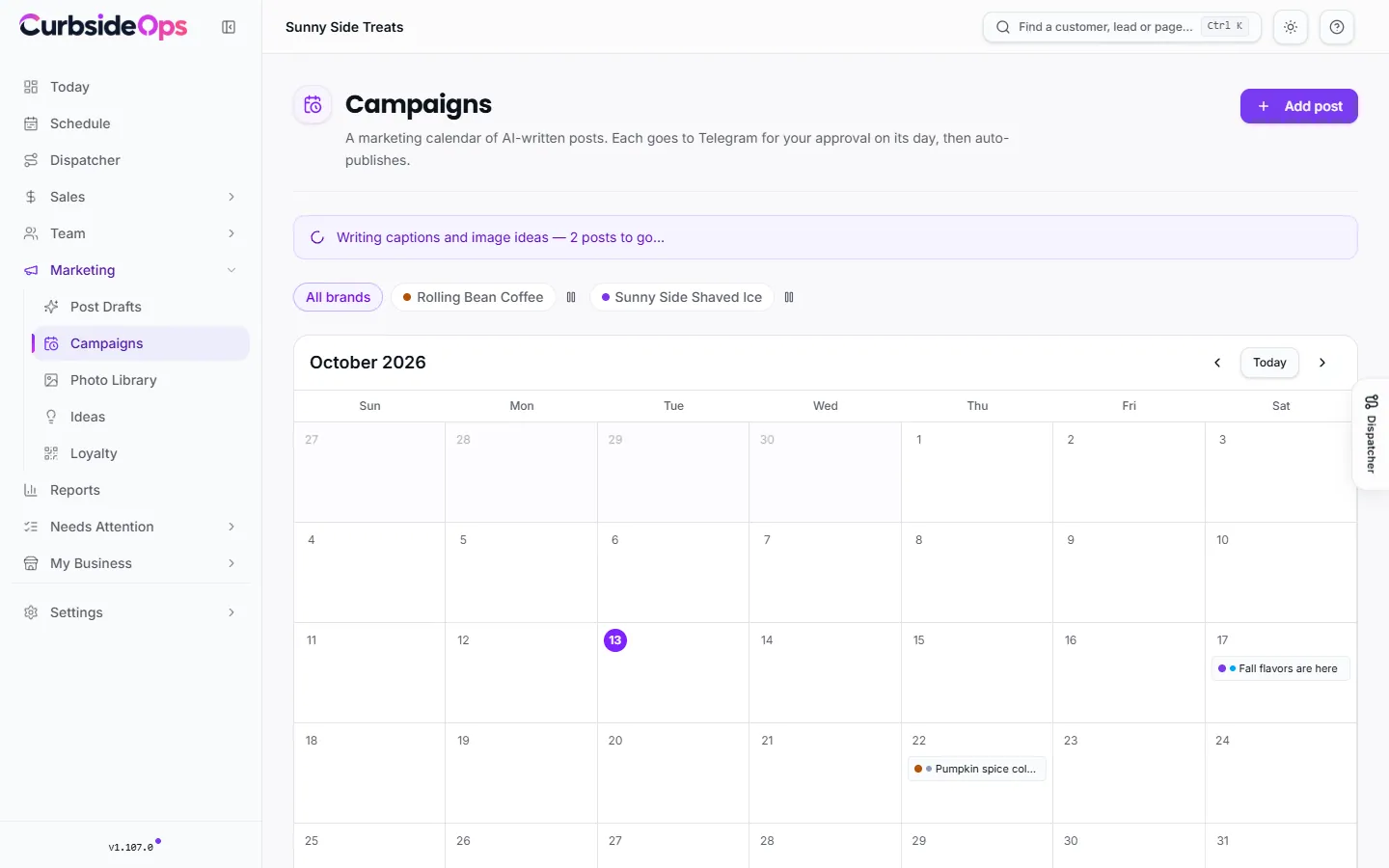 The Campaigns calendar showing a month of planned holiday and seasonal posts for each brand