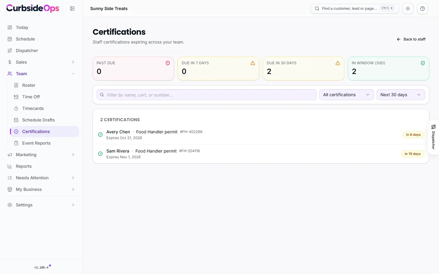 The Certifications page with counts of past due and soon-due certifications and a list of staff credentials with their expiry status