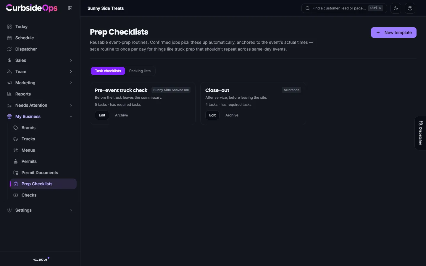 The Prep Checklists page on the Task checklists tab, listing each template with its brand, cadence and task count