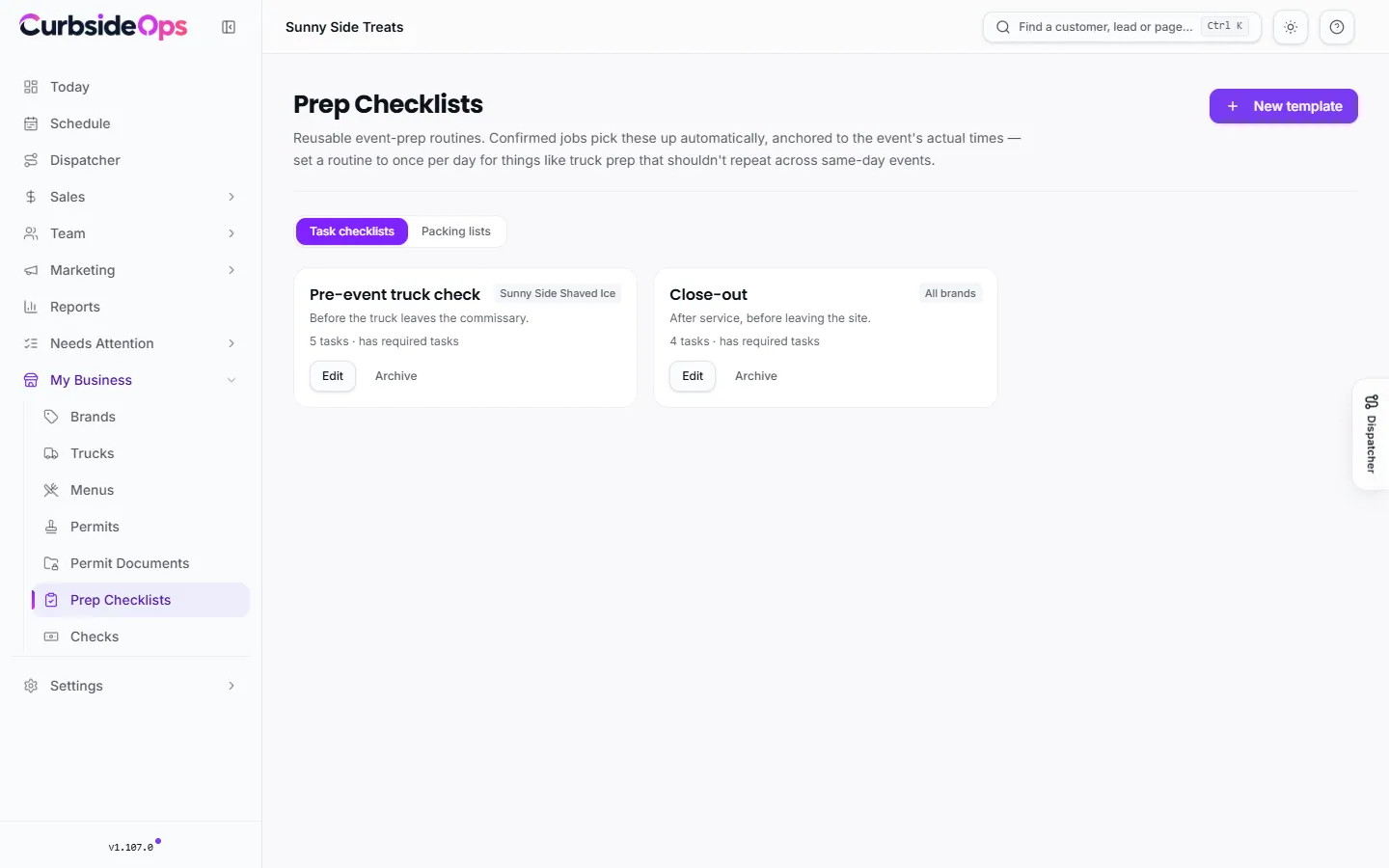 The Prep Checklists page on the Task checklists tab, listing each template with its brand, cadence and task count