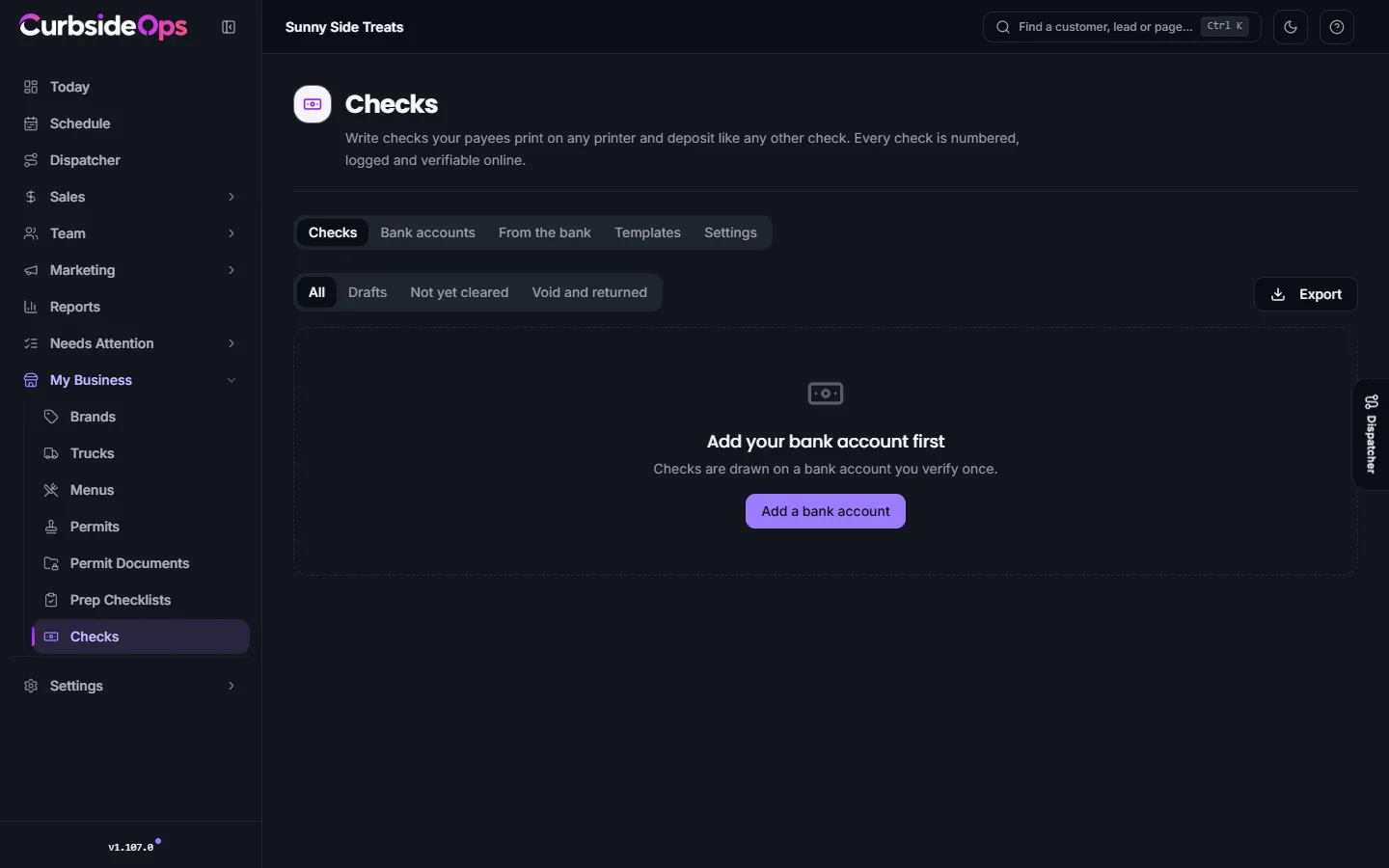 The Checks register listing each check's number, date, payee, amount, account and status