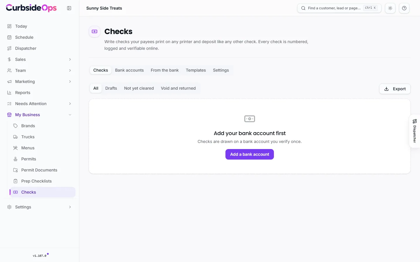 The Checks register listing each check's number, date, payee, amount, account and status