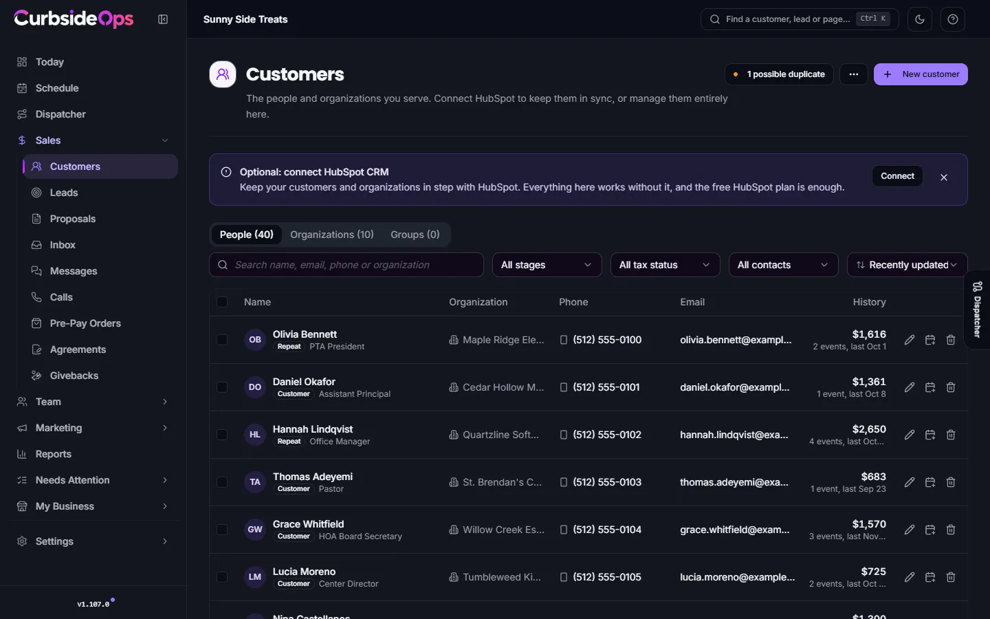 The Customers page on the People tab, with search, filters and a list of customers showing their organization, phone, email and event history