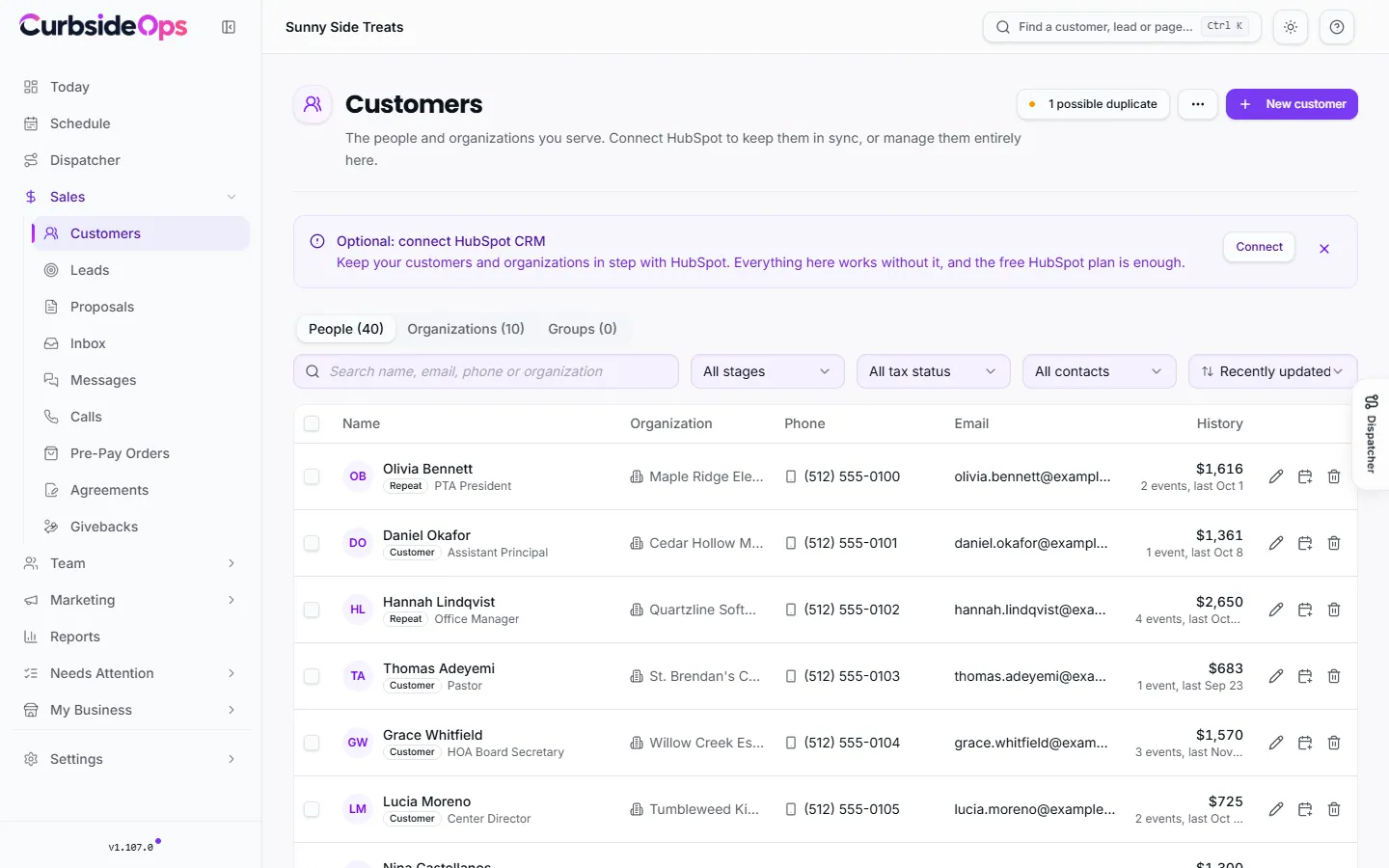 The Customers page on the People tab, with search, filters and a list of customers showing their organization, phone, email and event history