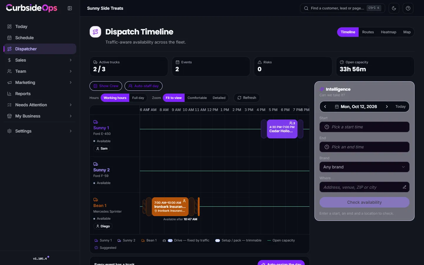 The Dispatcher page, with the availability form, the recommended truck and each truck's day on a timeline