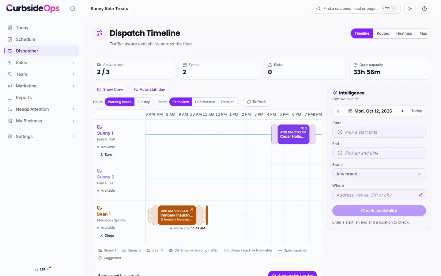 The Dispatcher page, with the availability form, the recommended truck and each truck's day on a timeline