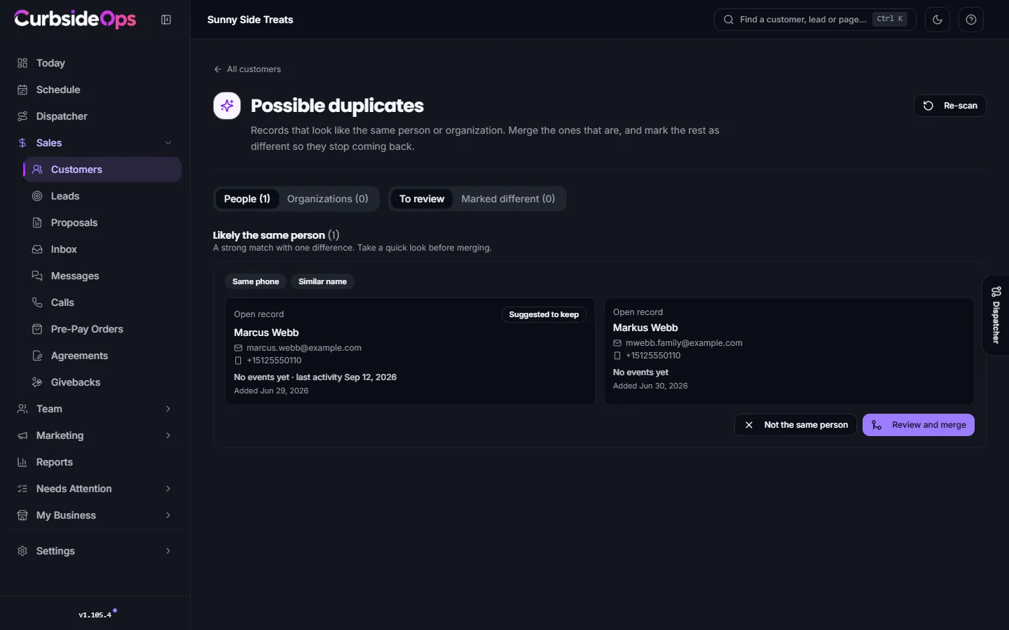 The Possible duplicates page listing pairs of customer records side by side, grouped by how likely they are to be the same person