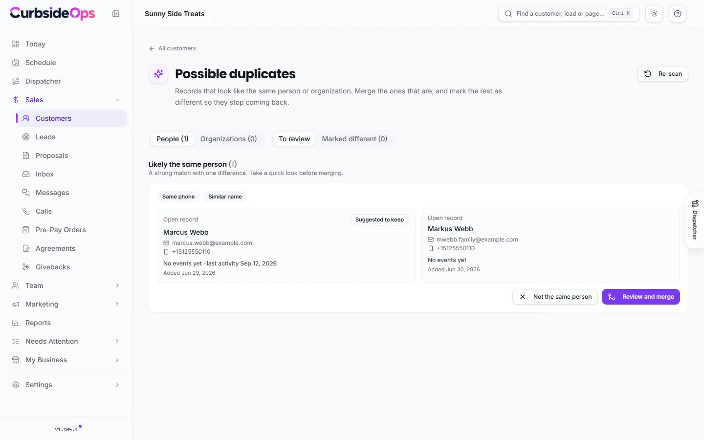 The Possible duplicates page listing pairs of customer records side by side, grouped by how likely they are to be the same person