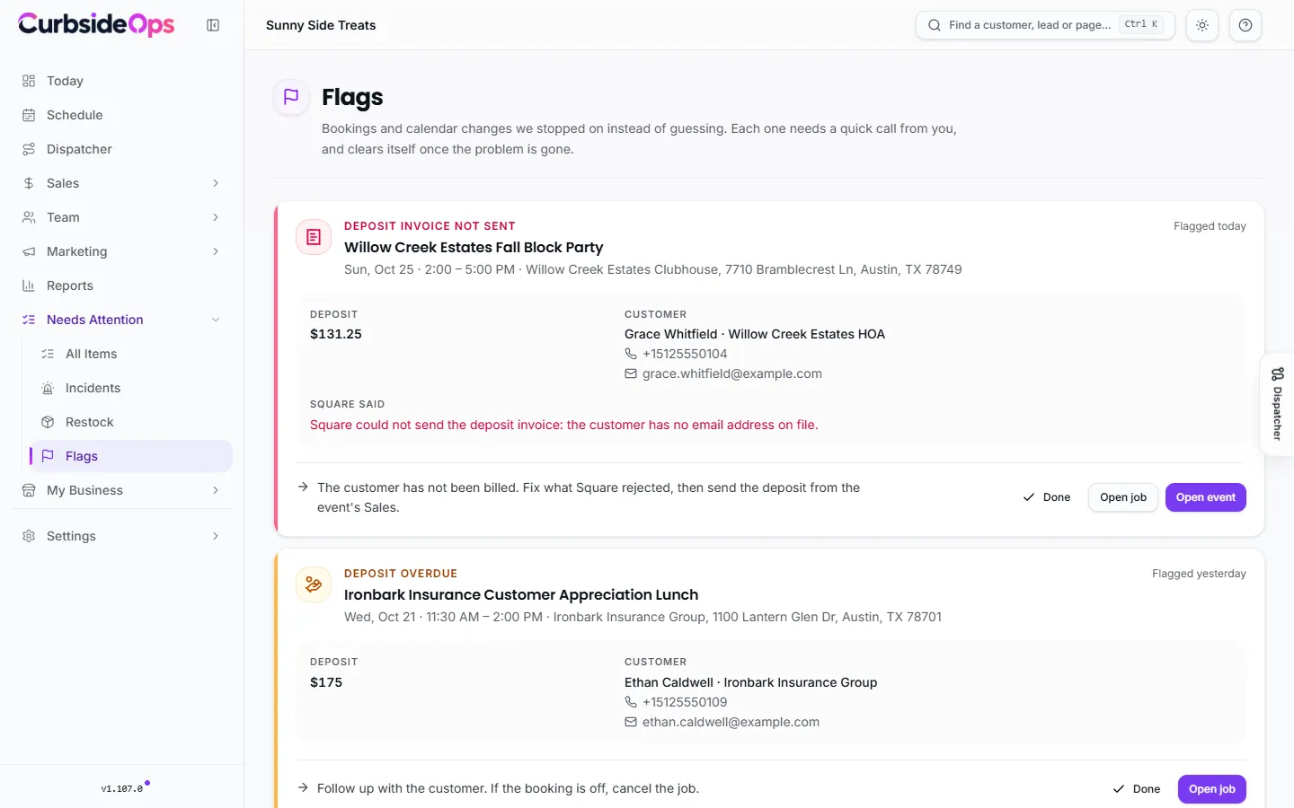 The Flags page with a booking removed from the calendar and a change that did not save to Google, each with its action buttons