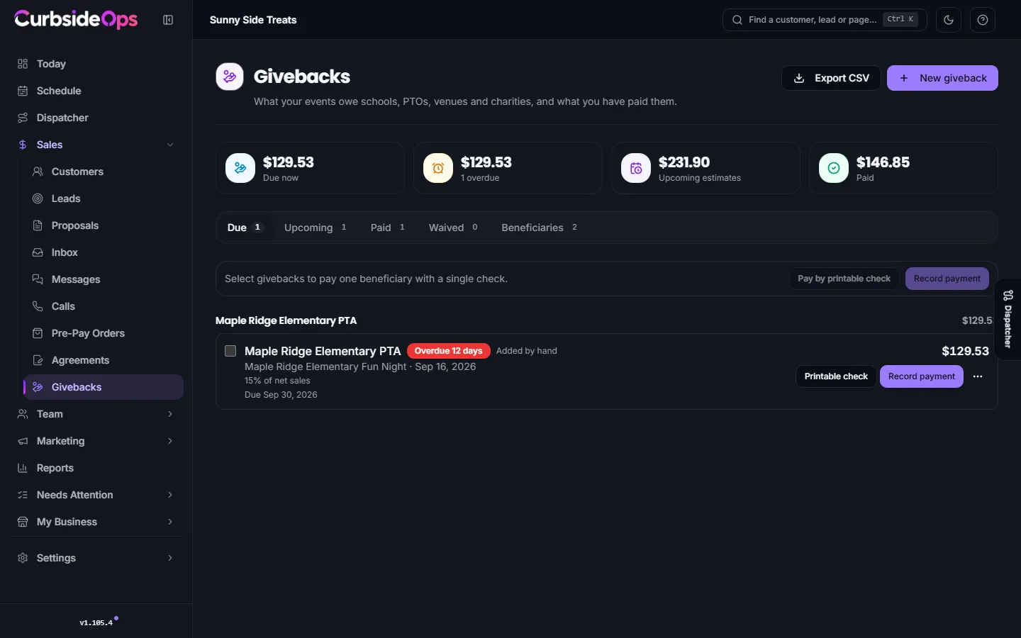 The Givebacks page with amounts due now, overdue and upcoming, and givebacks grouped by beneficiary