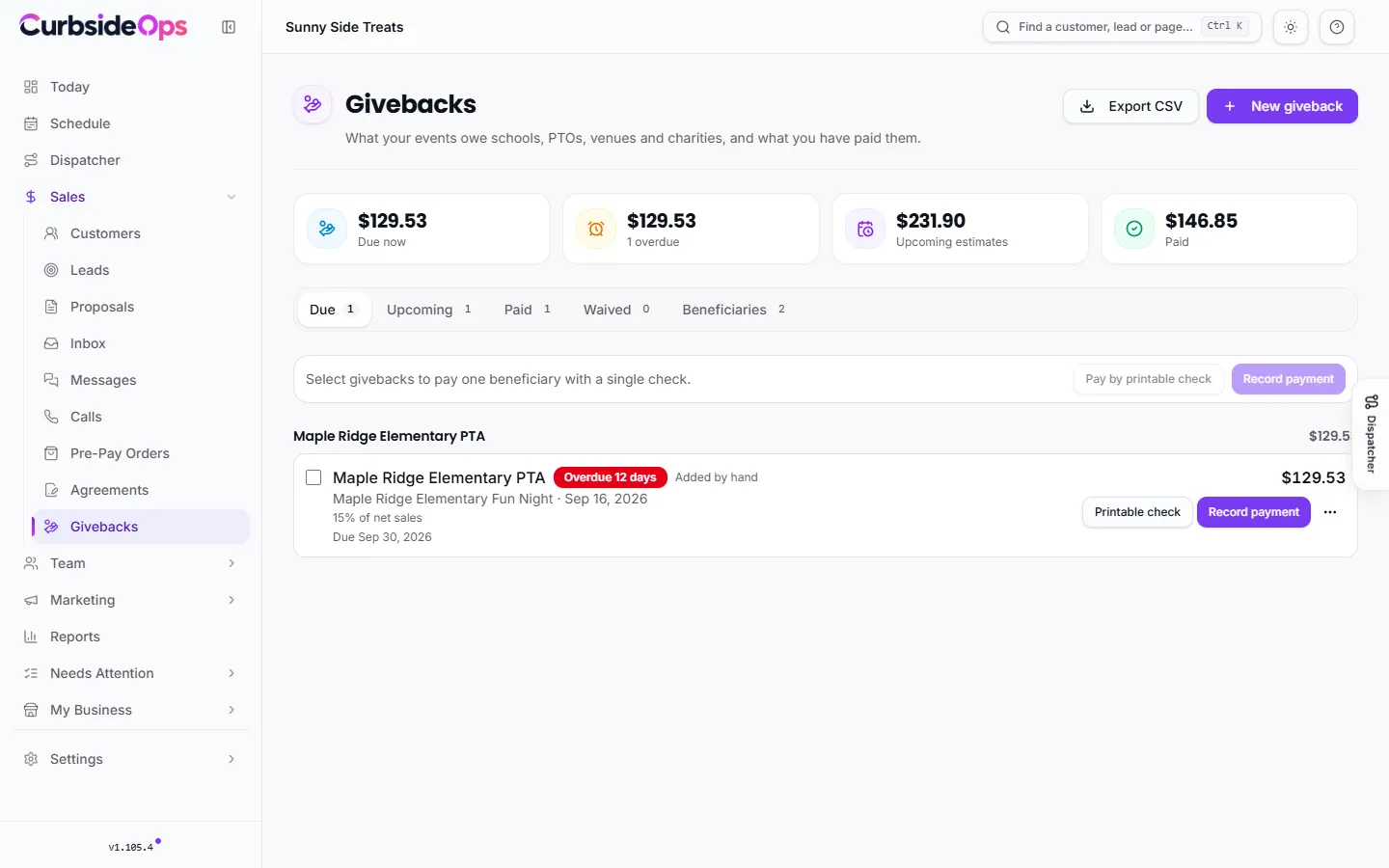 The Givebacks page with amounts due now, overdue and upcoming, and givebacks grouped by beneficiary