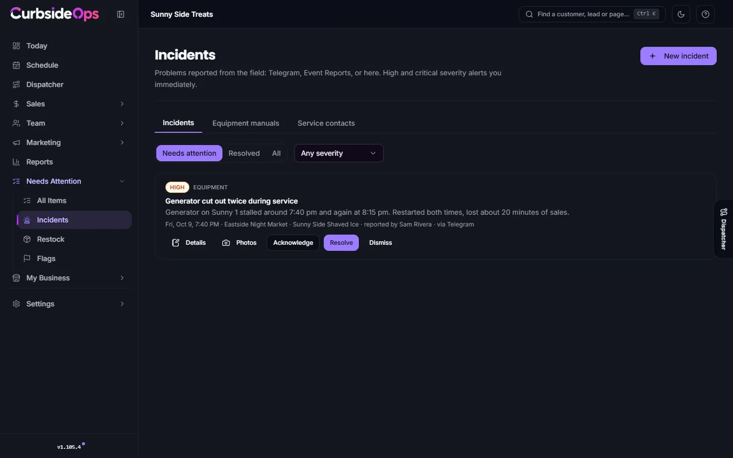 The Incidents page, listing open incidents with their type, severity, truck and source