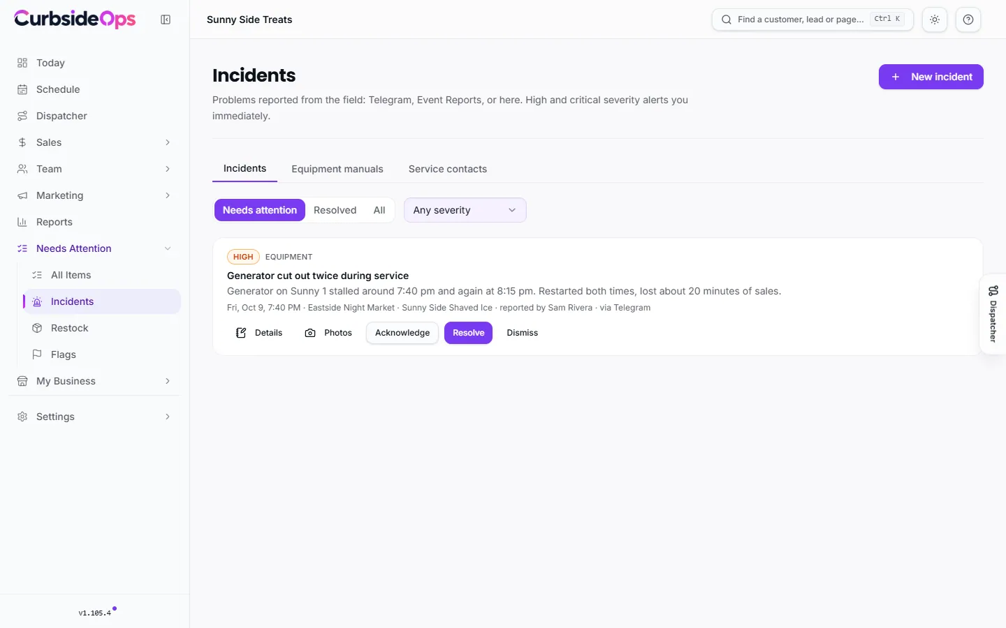 The Incidents page, listing open incidents with their type, severity, truck and source