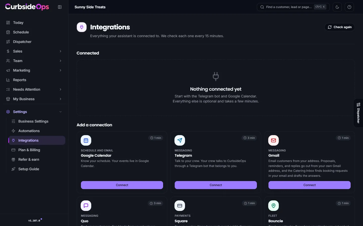 The Integrations page listing connected accounts with a health badge and a Manage or Reconnect button on each