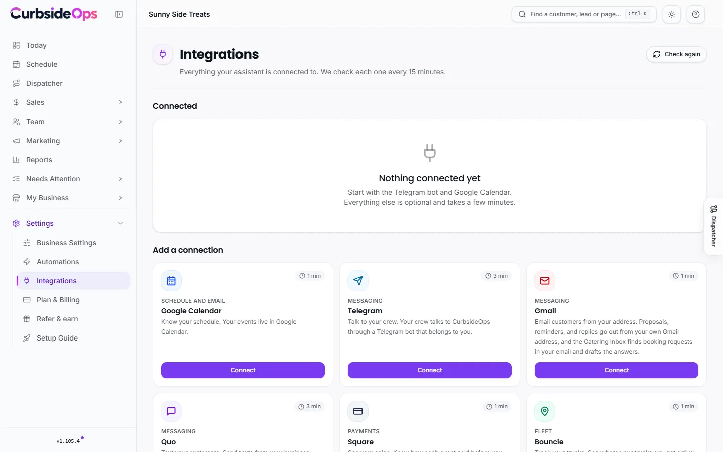 The Integrations page listing connected accounts with a health badge and a Manage or Reconnect button on each