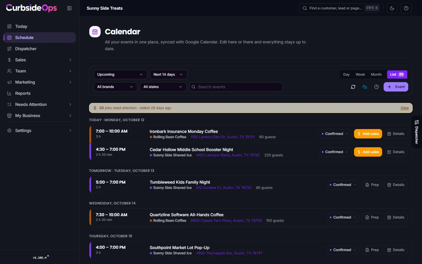 The Schedule List view, showing upcoming jobs with their state, truck, crew and status chips