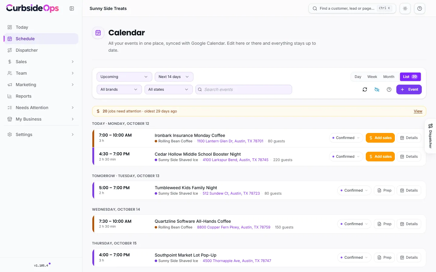 The Schedule List view, showing upcoming jobs with their state, truck, crew and status chips