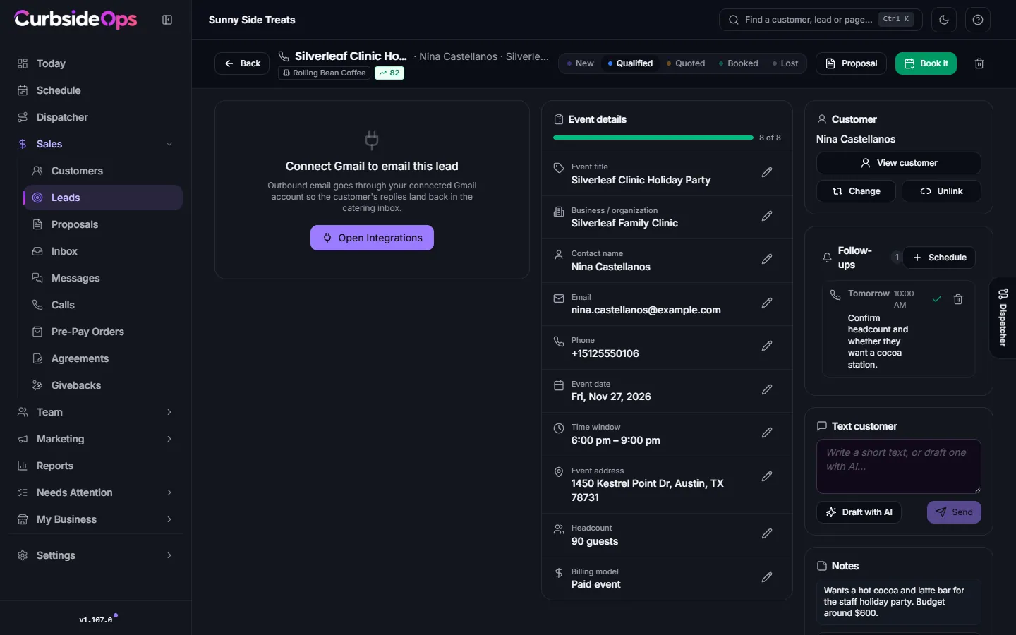 A lead's workspace with the email conversation, the Event details checklist and the Customer, Follow-ups and Quote cards