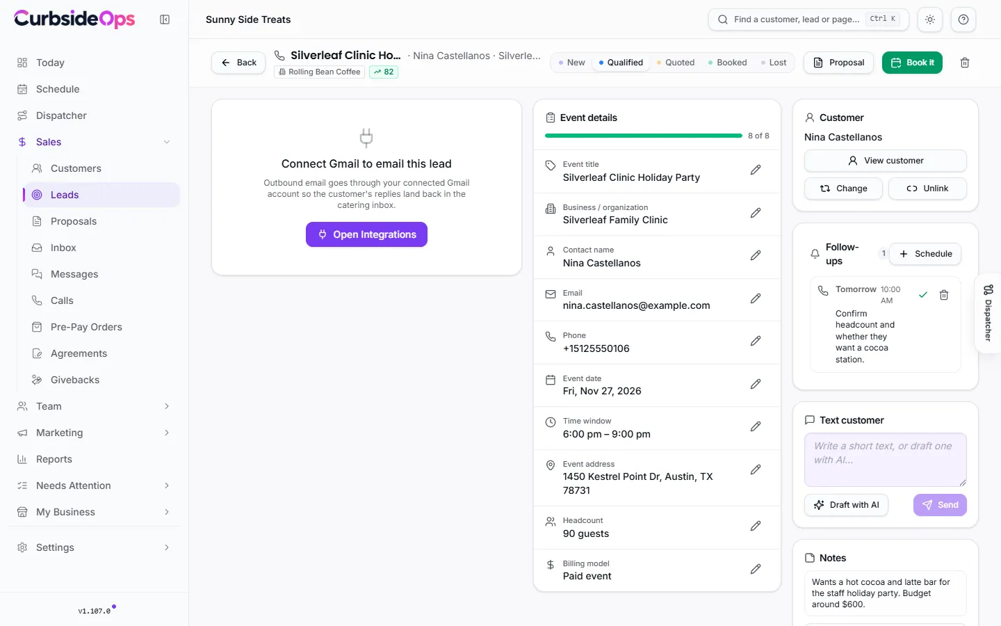 A lead's workspace with the email conversation, the Event details checklist and the Customer, Follow-ups and Quote cards