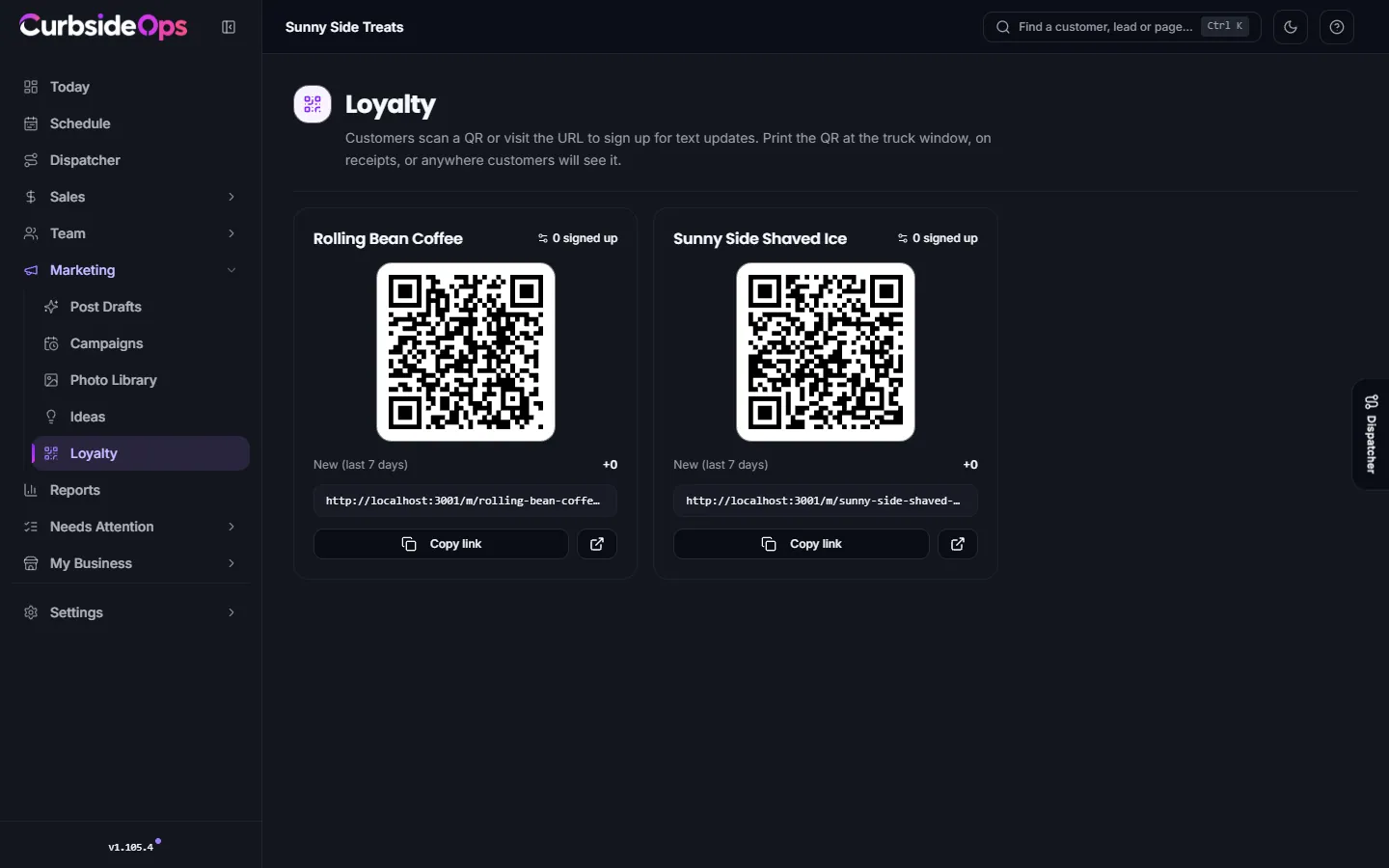 The Loyalty page with one card per brand showing its sign-up QR code, how many people signed up, new sign-ups this week and the sign-up link