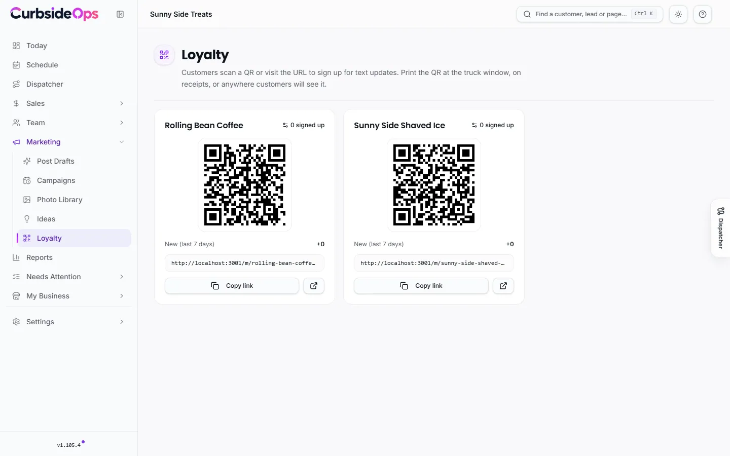 The Loyalty page with one card per brand showing its sign-up QR code, how many people signed up, new sign-ups this week and the sign-up link