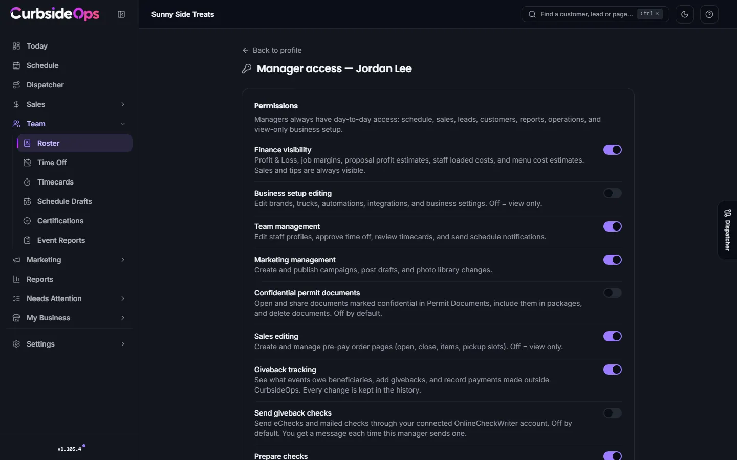 The Manager access page with permission switches, owner-only rows, default filters and staff settings for one manager