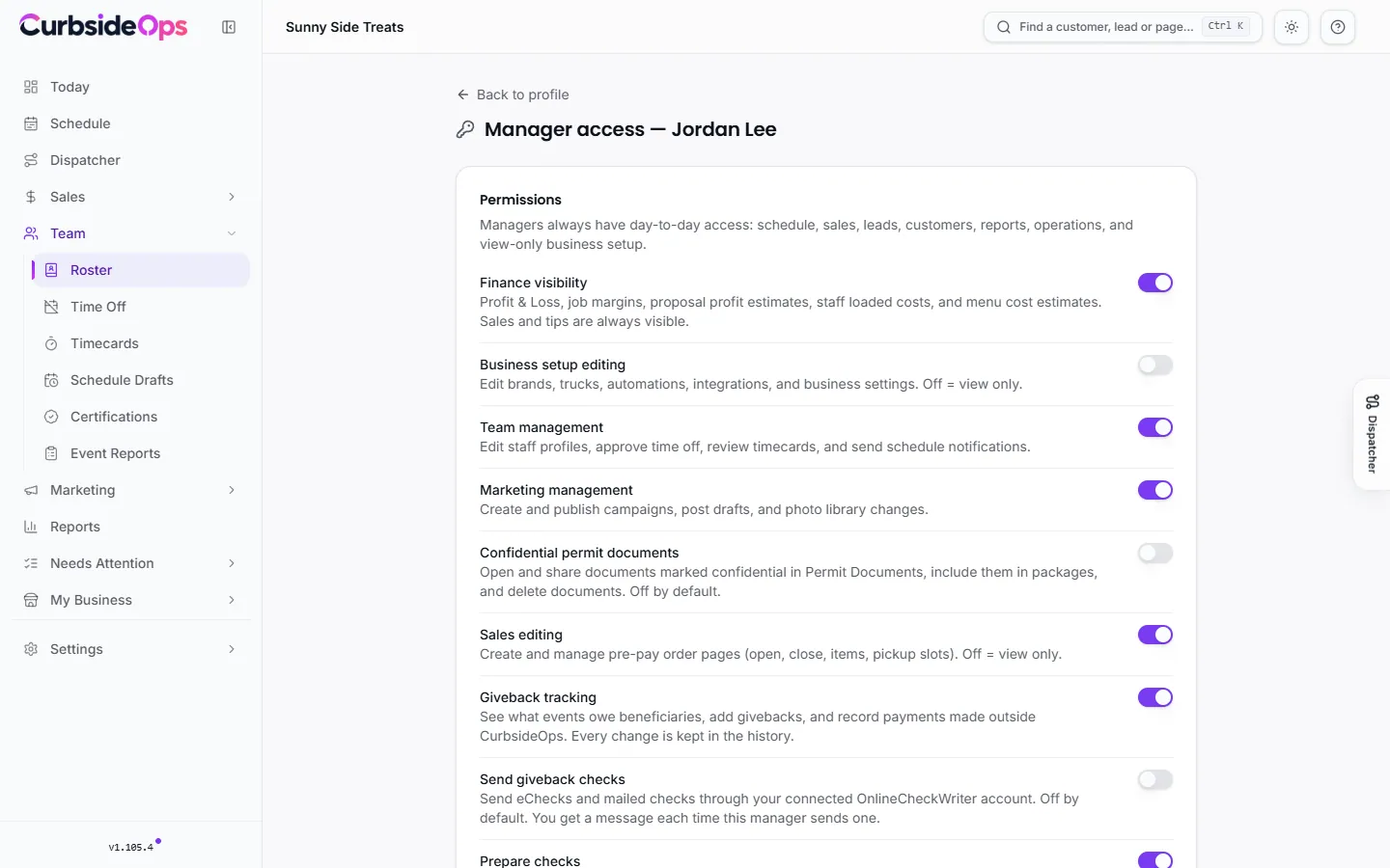 The Manager access page with permission switches, owner-only rows, default filters and staff settings for one manager