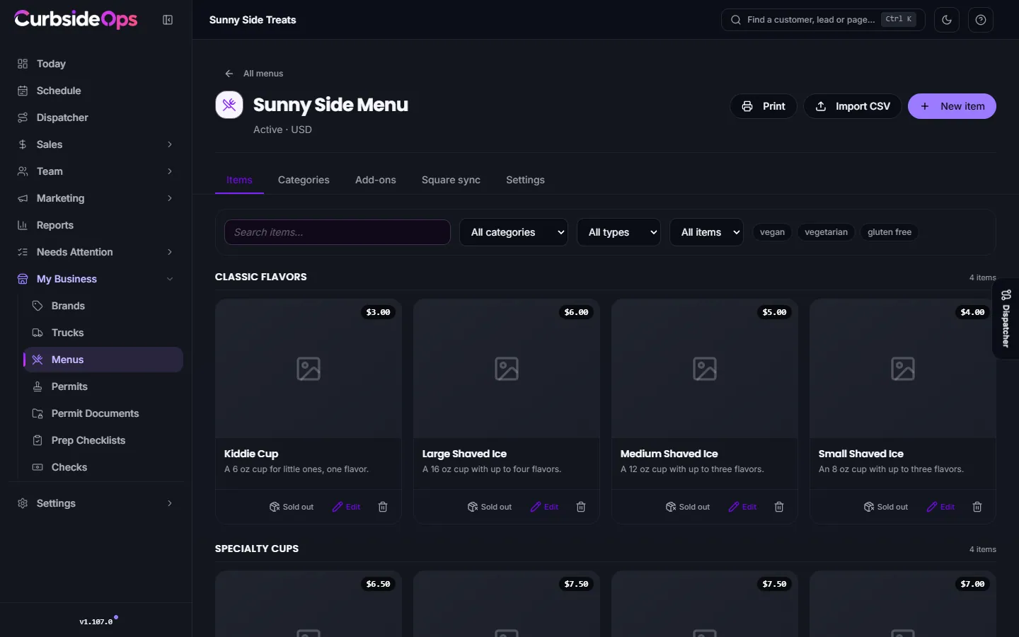 A menu open on the Items tab, with filters for category, type and stock, and a card for each item
