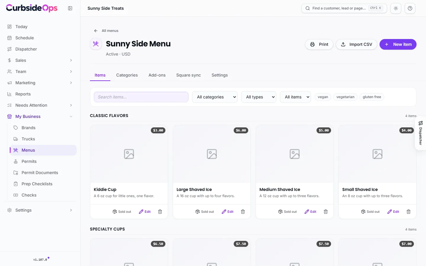 A menu open on the Items tab, with filters for category, type and stock, and a card for each item