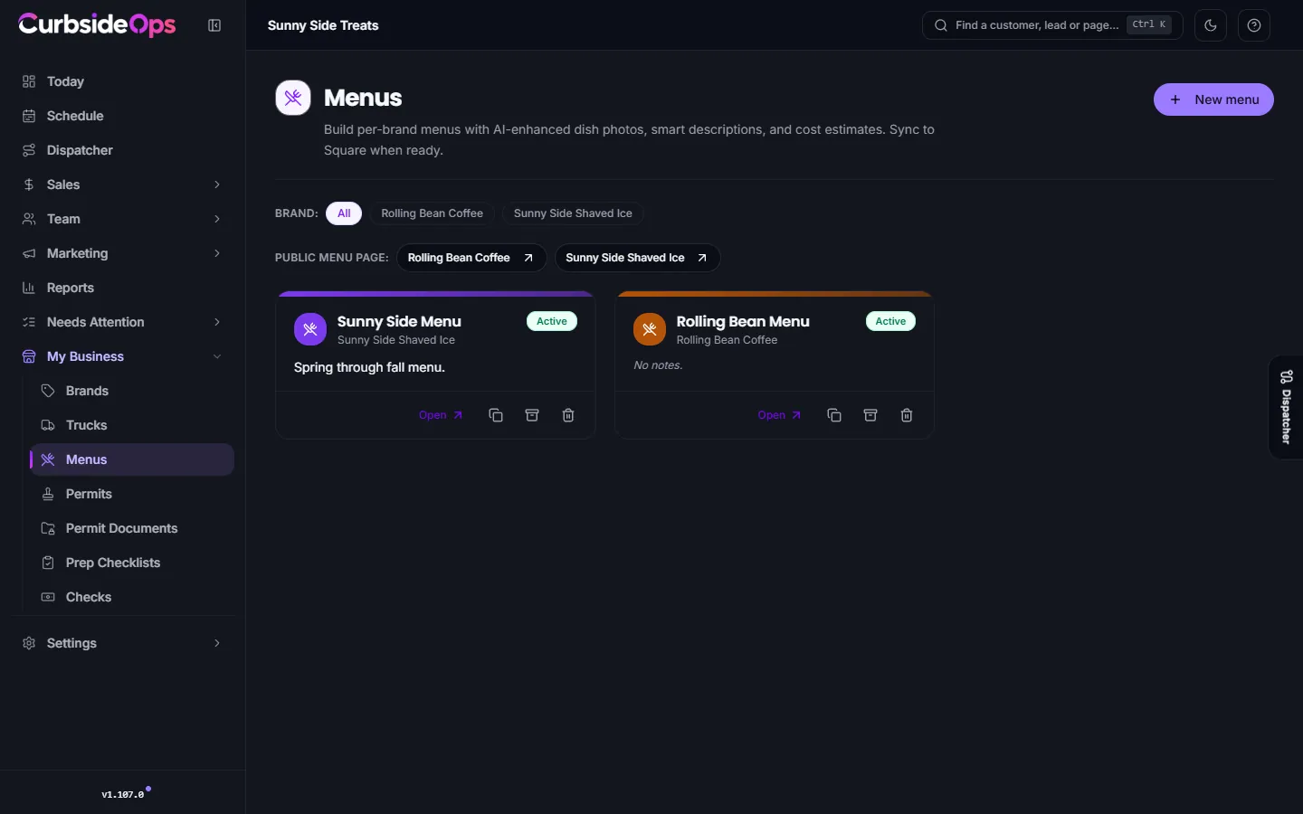 The Menus page with a card for each brand's menu and buttons to duplicate, archive or delete