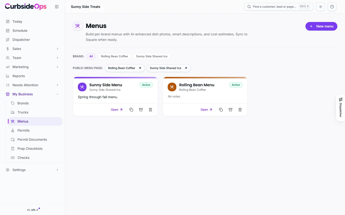 The Menus page with a card for each brand's menu and buttons to duplicate, archive or delete