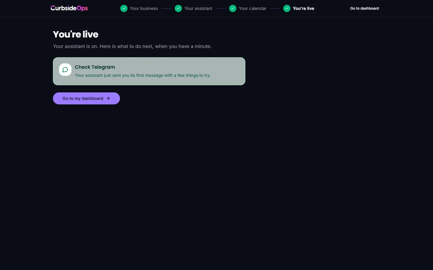 The setup page with a progress rail listing Your business, Your assistant, Your calendar and You're live, and the current step's form beside a help column