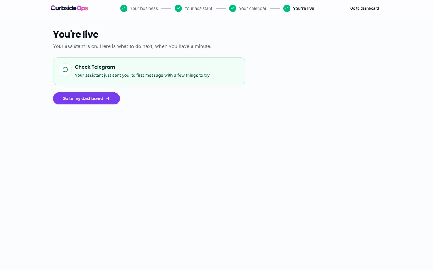 The setup page with a progress rail listing Your business, Your assistant, Your calendar and You're live, and the current step's form beside a help column