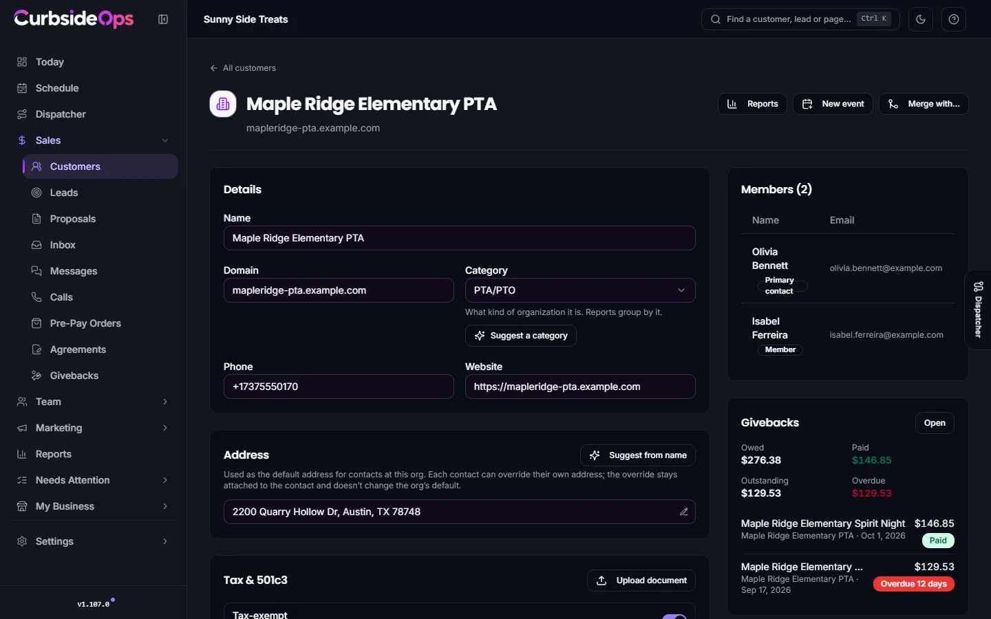 An organization page showing its details, category, address, tax-exempt documents and member contacts