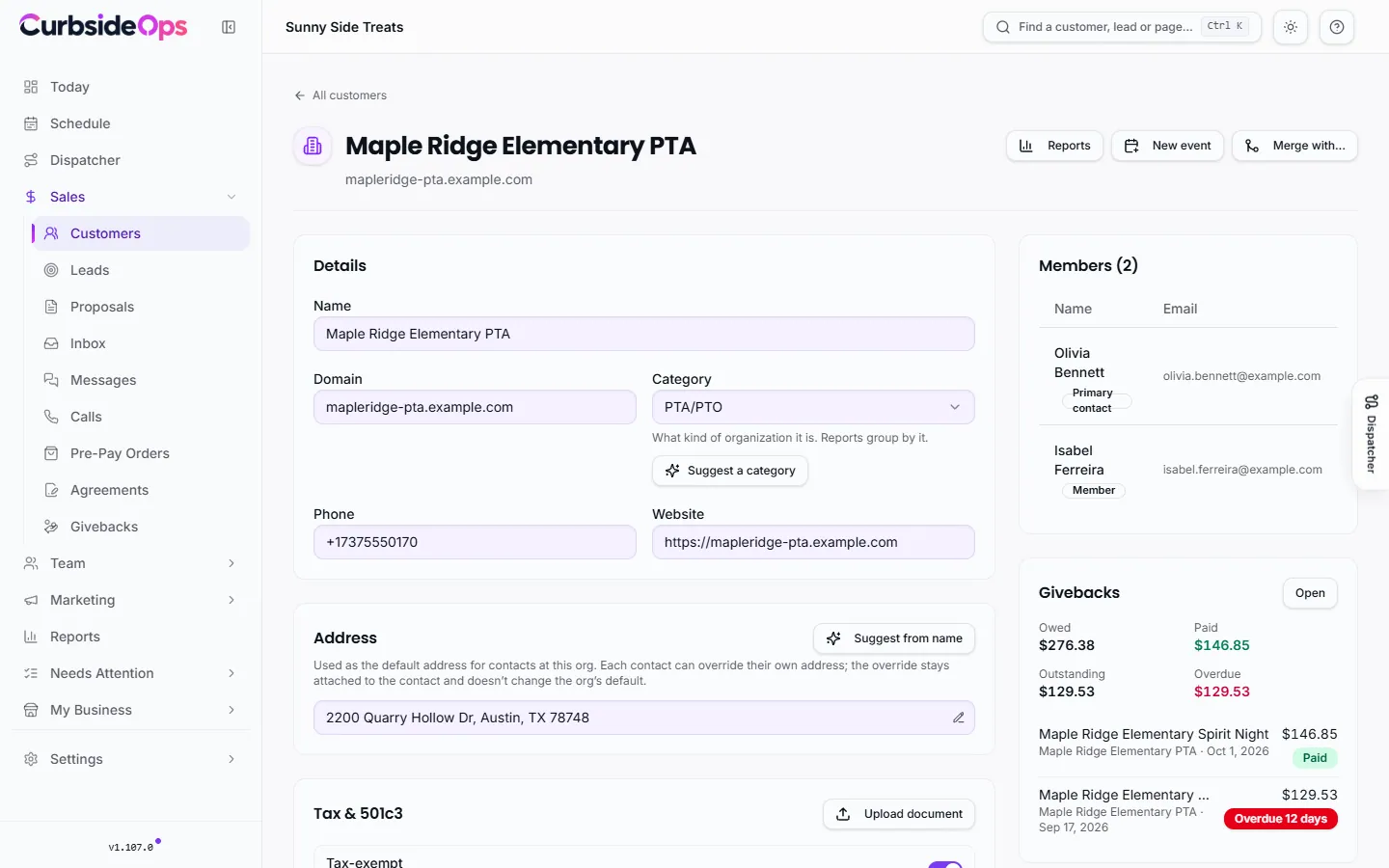 An organization page showing its details, category, address, tax-exempt documents and member contacts