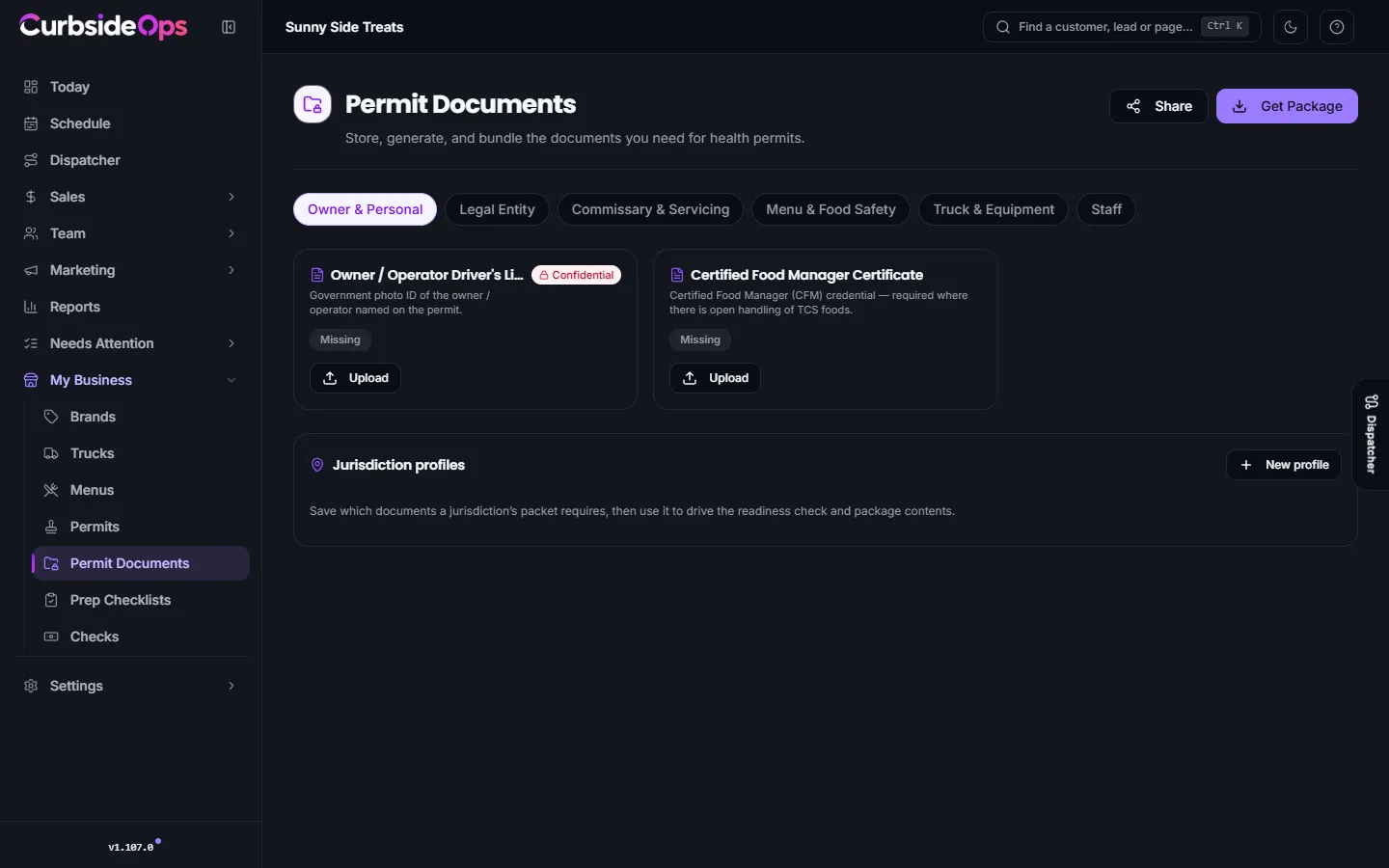 The Permit Documents vault grouped by category, with each document's status and Upload, Generate, Download and Replace buttons