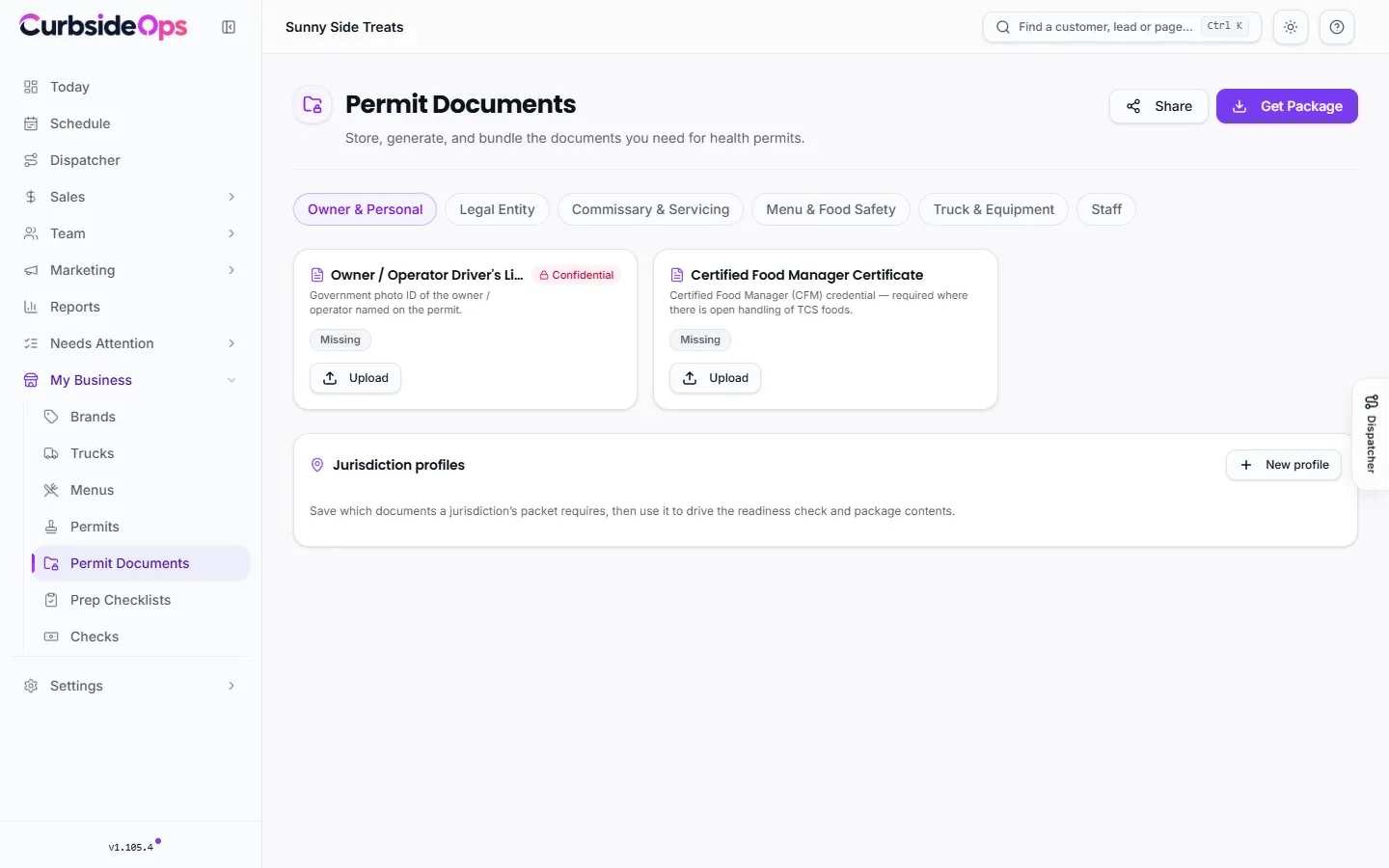 The Permit Documents vault grouped by category, with each document's status and Upload, Generate, Download and Replace buttons