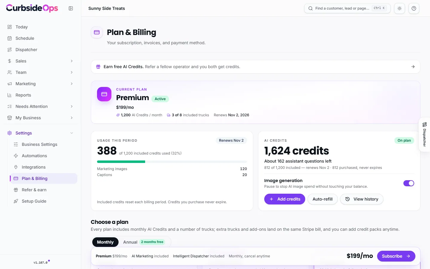 The Plan & Billing page with the current plan card, the Manage billing button and the AI Credits balance