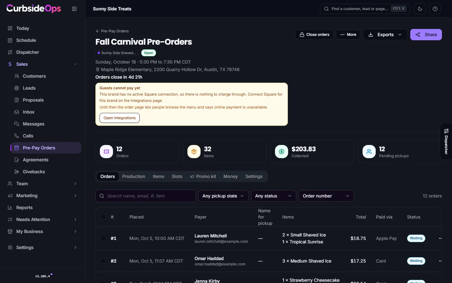 An event's pre-pay board with order counts, amount collected and the list of orders with their pickup status